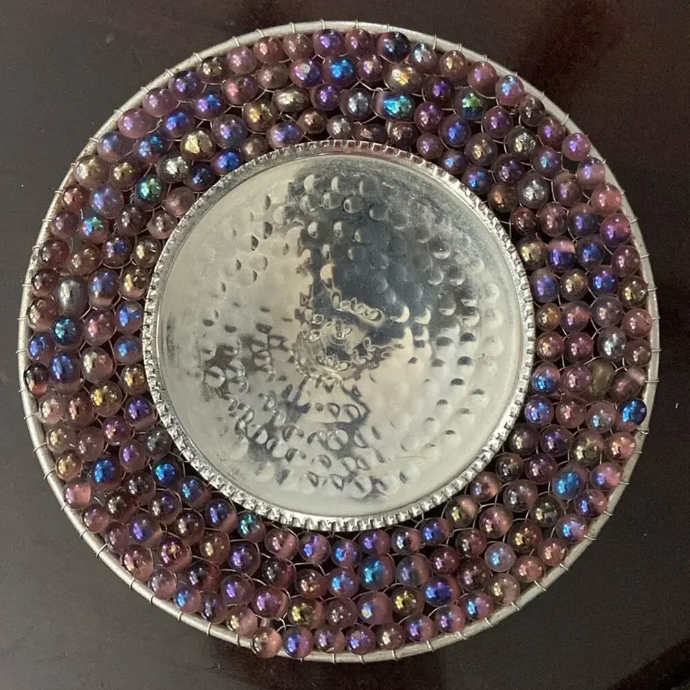 Vintage pier 1 hammered steel‎ and purple glass bead pillar candle holder